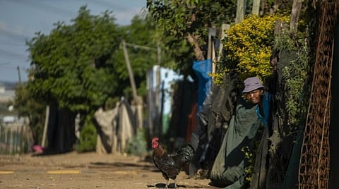 A woman watches as the South African National Defence Forces members patrol the street in Diepsloot informal settlement, north of Johannesburg, South Africa, Thursday, April 16, 2020. (AP Photo/Themba Hadebe)