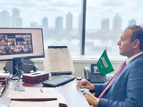 Dr. Khaled Manzlawiy participating in a virtual meeting of the Non-Aligned Movement (NAM) countries at the UN. (SPA)