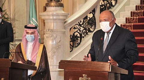The Saudi and Egyptian foreign ministers speak at a press conference. (SPA)