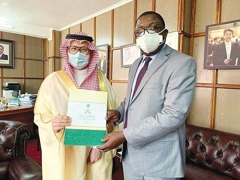 Zambia’s Minister of Foreign Affairs Joseph Malanji receives Saudi Arabia's gift from Ambassador Osama Krenshi in Lusaka, Friday. — SPA