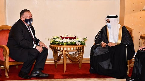 Pompeo meets Bahrain's Foreign Minister Dr. Abdul Latif al-Zayani in Manama. (Twitter)