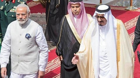 Saudi Arabia King Salman (R) walks with India’s Prime Minister Narendra Modi during an official welcoming ceremony in Riyadh, Saudi Arabia. (File/Reuters)