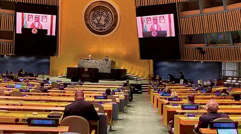 Saudi Foreign Minister Prince Faisal bin Farhan addresses the UN high-level meeting on Monday (SPA)