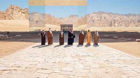 Gulf leaders pose for a family photo ahead of the AlUla summit. (SPA)