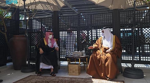 Bahrain’s Crown Prince Salman Bin Hamad Al-Khalifa, right, is seen with Saudi Arabia’s Foreign Minister Prince Faisal Bin Farhan at Riffa Palace in Bahrain on Tuesday. — BNA photo