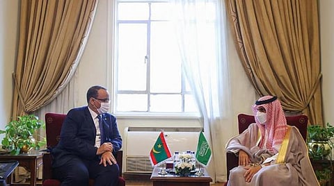 Saudi FM Prince Faisal bin Farhan (R) meets with Mauritanian FM Ismail Ould Cheikh Ahmed (L) in Cairo on Thursday (SPA)