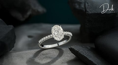 Dvik Jewels oval lab grown diamond engagement ring in white gold with pavé diamonds