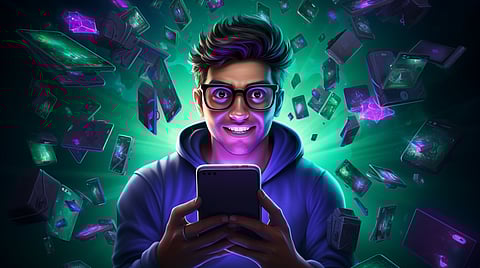 Futuristic digital artwork of a man in glasses using a smartphone, surrounded by glowing, floating screens and holographic elements in neon green and purple light.