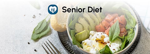 Senior Diet logo with a healthy bowl of avocado, egg, salmon, and greens