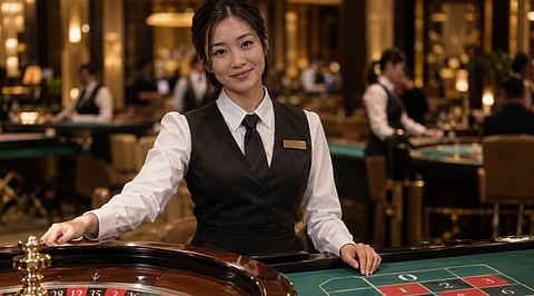 Woman standing at a roulette table in a casino, smiling toward the camera.