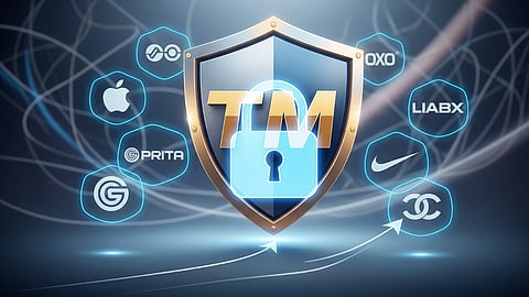 A simple, protective shield icon with a prominent "TM" symbol, representing intellectual property rights and brand security.