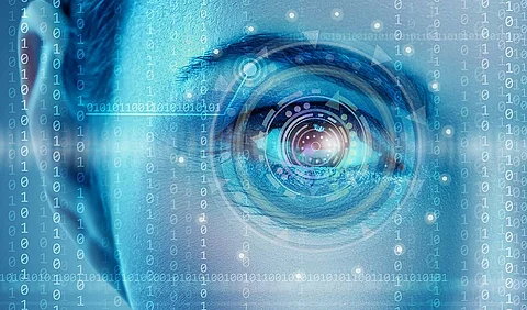 Eye viewing digital information represented by circles and signs