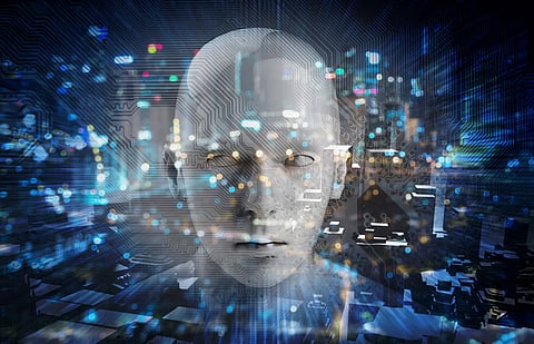 Internet of things Disruption everything , neural network , deep learning , artificial intelligence concept. 3d rendering of robot face , blue bokeh and building abstract background.