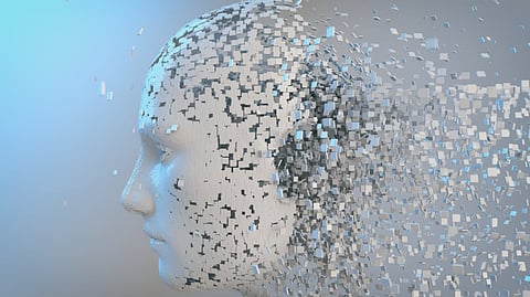 Human-like, destroyed android head made of small particles