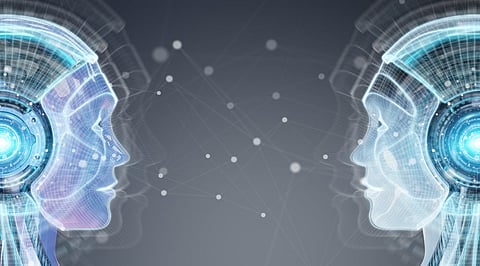 Digital artificial intelligence cyborg interface isolated on grey background 3D rendering