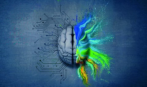Creative mind or brain illustrated with colourful paint splatter and dispersion. Conceptual computer artwork.
