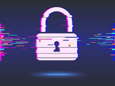 Cyber security concept: lock, glitch design. Illustrates cyber data security or information privacy idea. Blue abstract hi speed internet technology.Protection concept.vector illustration