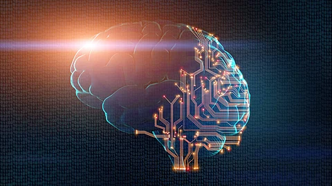 Modern information concept. Human brain partially consists of circuit board, binary code on background