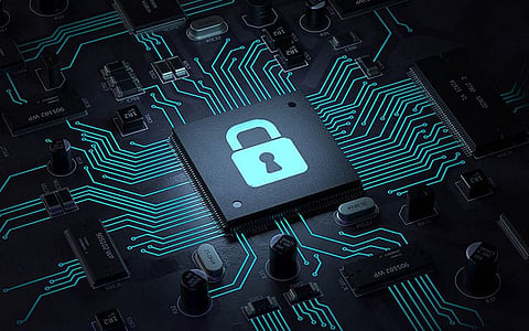 security lock symbol on circuit board.3d rendering,conceptual image.