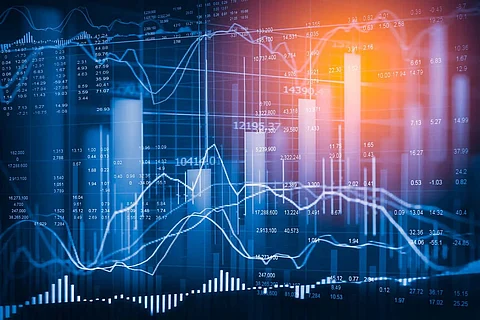 Stock market indicator and financial data view from LED. Double explosure financial graph and stock indicator including stock education or marketing analysis. Abstract financial indicator background.