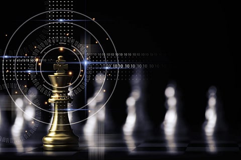 Golden king chess stand in front of others chess pieces. Leadership business teamwork and marketing strategy planing concept.