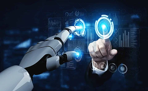 Artificial intelligence AI research of robot and cyborg development for future of people living. Digital data mining and machine learning technology design for computer brain communication.