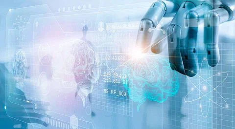 Robot checking brain testing result with computer interface, futuristic human brain analysis, innovative technology in science and medicine concept