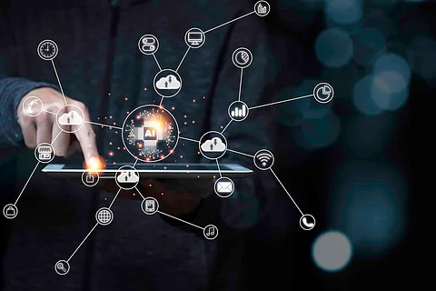 Hand touching to tablet and virtual artificial intelligence with cloud technology transformation . Cloud technology management big data include business strategy , customer service.