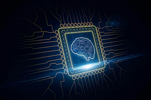 Computer processor with a silhouette of the human brain. Artificial intelligence and machine learning concept. 3D Rendering