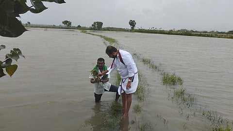 நாகை செல்லூர் பகுதியில் மழையில் மூழ்கிய சம்பா நெற்பயிர்களைப் பார்வையிட்ட முன்னாள் எம்.எல்.ஏ. தமிமுன் அன்சாரி!