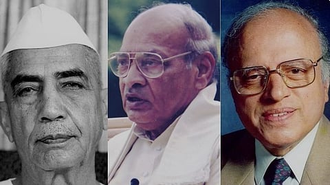 (வலமிருந்து இடம்) சரண் சிங், நரசிம்ம ராவ், எம்.எஸ்.சுவாமிநாதன்