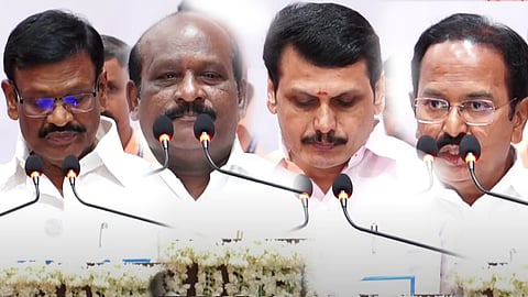 அமைச்சர்களாக பொறுப்பேற்றுக்கொண்ட சா.மு. நாசா்., கோவி.செழியன்,  வி.செந்தில் பாலாஜி,  ஆா்.ராஜேந்திரன்.