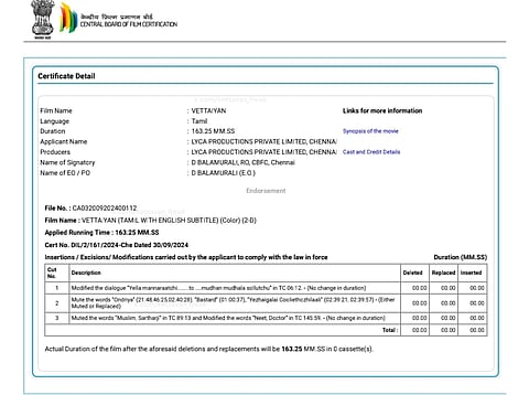 censor certificate for vettaiyan film