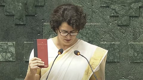 Congress leader Priyanka Gandhi taking oath as MP in Lok Sabha on Thursday
