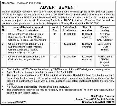 অসম এইডছ নিয়ন্ত্ৰণ সমাজত চিকিত্সা বিষয়া নিযুক্তি