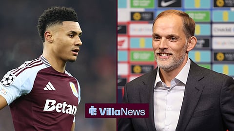 Ollie Watkins in action for Aston Villa, with Thomas Tuchel speaking at a press conference alongside him