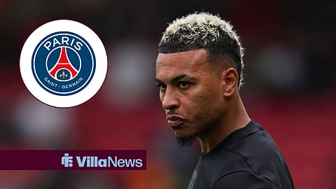 Aston Villa star Morgan Rogers pre-match, PSG badge in inset.