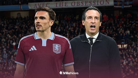 Joao Palhinha, in an Aston Villa shirt, and Unai Emery outside of Villa Park.