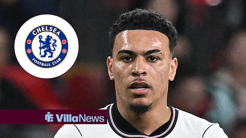 Aston Villa ace Morgan Rogers in action for England, Chelsea badge in inset
