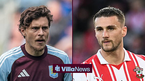 Victor Lindelof of Aston Villa and Taylor Harwood-Bellis in action for Southampton