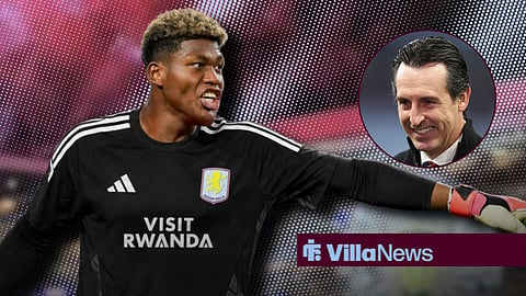 Zion Suzuki wearing an Aston Villa kit and Unai Emery smiling in his direction