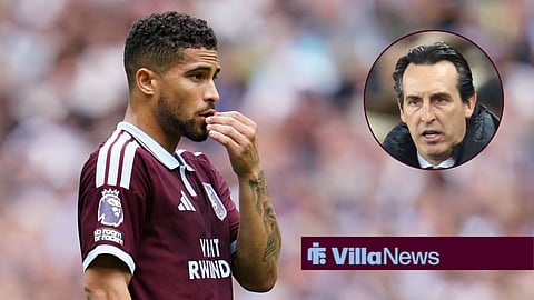 Joao Gomes in action for Aston Villa Football Club and Unai Emery pitchside at Villa Park