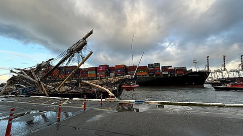 Leeuwin II (foreground) with its collapsed mast and Maersk Shekou in Fremantle Harbour following the collision, August 30, 2024