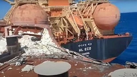 Screenshot of video taken by a crewmember on the bulk carrier YM Serenity after the anchored vessel was struck by the passing bulk carrier HL Eco off the coast of Queensland, Australia, July 16, 2024