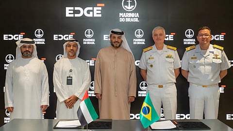 Representatives of the Brazilian Navy and the EDGE Group at the signing of the strategic partnership contract for the development of the MANSUP anti-ship missile