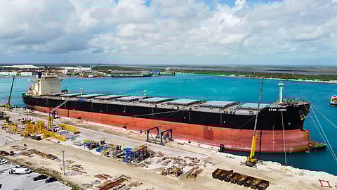 Bulk carrier undergoing repair at Grand Bahama Shipyard