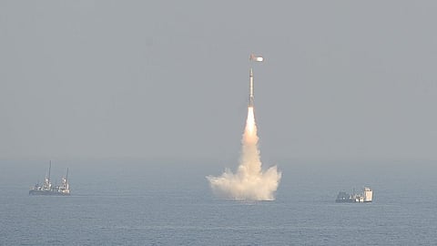 A K series ballistic missile is fired from a submerged Indian Navy submarine during tests in the Bay of Bengal off the coast of Visakhapatnam, January 27, 2013.