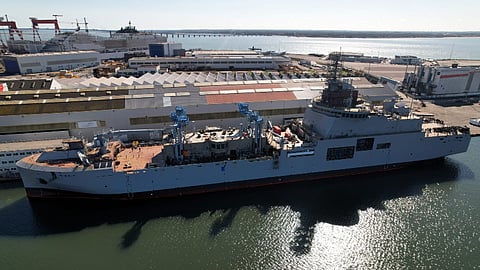 The future French Navy supply ship Jacques Stosskopf being launched into the water for the first time, September 13, 2024