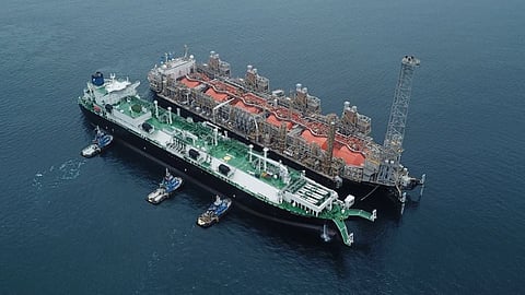 A Golar LNG floating processing vessel (right)