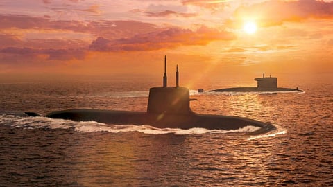 Artist's impression of an Orka-class submarine (foreground) sailing alongside a Walrus-class boat